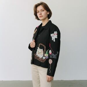 Vintage Bala Bala Jacket Women 1X XL Cats Cat Lady Abstract Yarn Artsy Black NWT